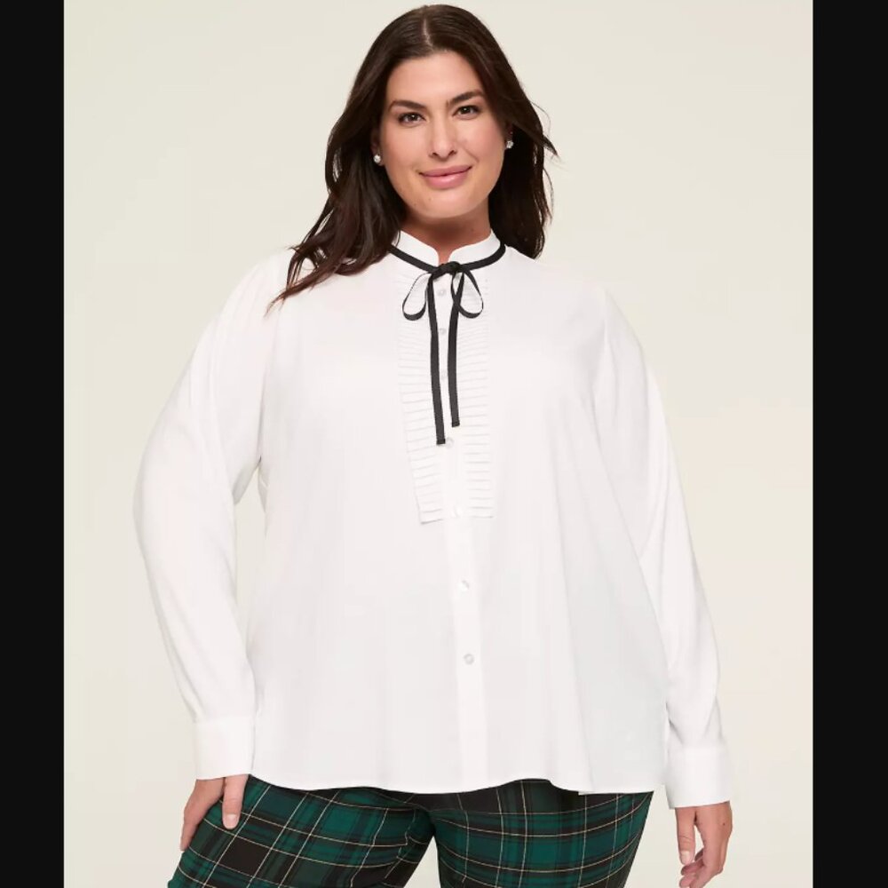 Lane Bryant White Ruffle Blouse Black Ribbon Tie Tuxedo Top Size 16